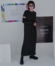 miette(ミエット)/スリットスリーブ配色メローワンピース/ブラック