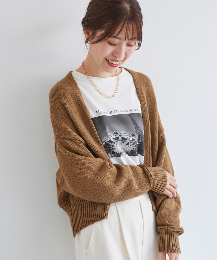 【B:MING by BEAMS】ワッフルボレロカーディガン 厚手 キャメル