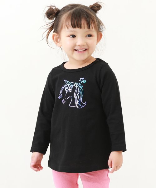 devirock(デビロック)/デビラボ プリント長袖チュニック 子供服 キッズ 女の子 トップス 長袖Tシャツ ロンT 綿100%/ブラック系1