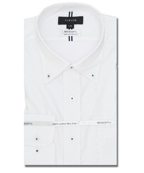 TAKA-Q(タカキュー)/綿100％ ノーアイロン スタンダードフィット ボタンダウン 長袖 シャツ メンズ ワイシャツ ビジネス yシャツ 速乾 ノーアイロン 形態安定/ホワイト