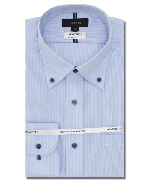 TAKA-Q(タカキュー)/綿100％ ノーアイロン スタンダードフィット ボタンダウン 長袖 シャツ メンズ ワイシャツ ビジネス yシャツ 速乾 ノーアイロン 形態安定/ブルー