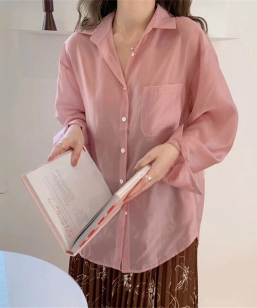 Dewlily(デューリリー)/シアーシャツブラウス 韓国ファッション 10代 20代 30代 トレンド 透け感 可愛い 羽織る 抜け感 どんな季節も着回せる 一枚だけで存在感/ピンク