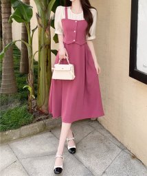 Dewlily(デューリリー)/ジャンパースカート風ワンピース 韓国ファッション 10代 20代 30代 可愛い ナチュラル 女性らしい 重ね着風 ドッキングワンピース/ピンク