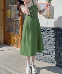 Dewlily(デューリリー)/ジャンパースカート風ワンピース 韓国ファッション 10代 20代 30代 可愛い ナチュラル 女性らしい 重ね着風 ドッキングワンピース/グリーン