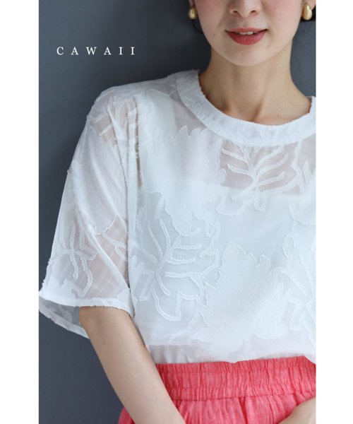 CAWAII(カワイイ)/浮き立つリーフ柄のシアーなドルマンブラウストップス/ホワイト