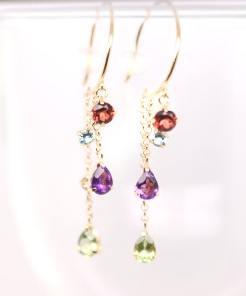 K18ガーネット/ブルートパーズ/シトリン/ペリドット/アメジストチェーンピアス 