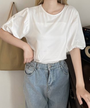 shopnikoniko/ラウンドネック パフスリーブ 半袖ブラウス ma 【即納】 トップス 半袖 Tシャツ カットソー バルーン袖 バルーンスリーブ ラウンドネック 白 ホワイト レ/505465192