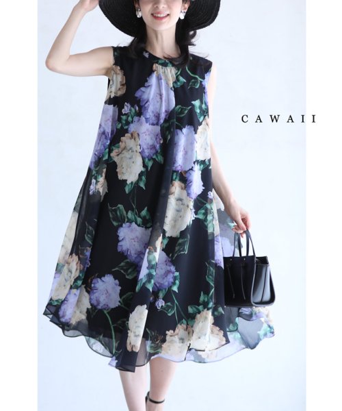 CAWAII(カワイイ)/透明感溢れるシアーな花画ミニワンピース/ブラック