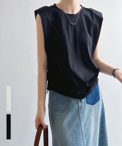 ARGO TOKYO(アルゴトウキョウ)/Side Button Shoulder Pat T－shirt　24085 サイドボタンショルダーパットTシャツ　Tシャツ　パット付きTシャツ　サイドボタン　/ブラック