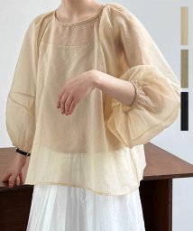 ARGO TOKYO(アルゴトウキョウ)/Puff Sleeve Sheer Blouse Camisole Set 23056 パフスリーブシアーブラウスキャミソールセット　セットアップ　シアーブラウ/ベージュ