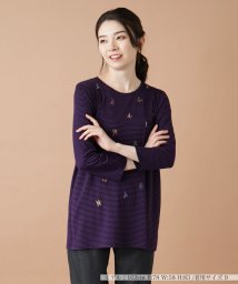 Leilian(レリアン)/刺繍入りボーダーカットソー/バイオレット