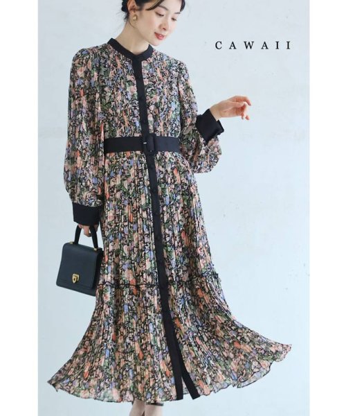 CAWAII(カワイイ)/花咲き誇る細やかプリーツロングワンピース/ブラック