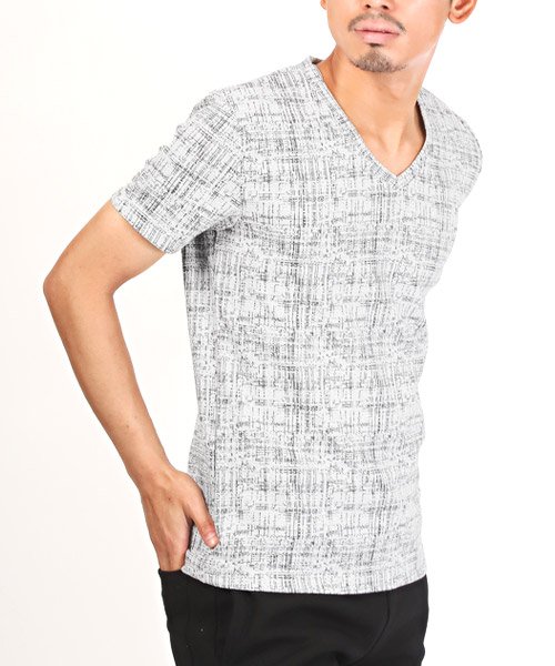 LUXSTYLE(ラグスタイル)/モザイクチェックVネック半袖Tシャツ/Tシャツ メンズ 半袖 Vネック チェック/ホワイト