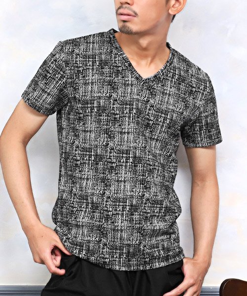 LUXSTYLE(ラグスタイル)/モザイクチェックVネック半袖Tシャツ/Tシャツ メンズ 半袖 Vネック チェック/ブラック