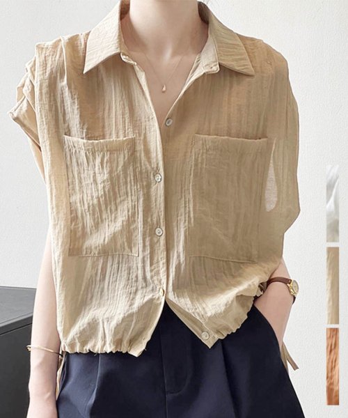 ARGO TOKYO(アルゴトウキョウ)/Shoulder Gather Hem Tie Big Pocket Blouse　23061　ショルダーギャザーヘムタイビッグポケットブラウス　シアーブラウス/ベージュ