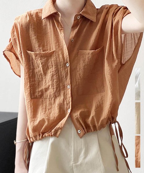 ARGO TOKYO(アルゴトウキョウ)/Shoulder Gather Hem Tie Big Pocket Blouse　23061　ショルダーギャザーヘムタイビッグポケットブラウス　シアーブラウス/ブラウン