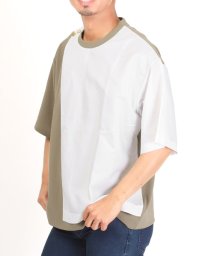 LUXSTYLE(ラグスタイル)/ボタン付き異素材バイカラー5分袖Tシャツ/Tシャツ メンズ 5分袖 ビッグシルエット バイカラー 異素材 切替 配色/グレージュ