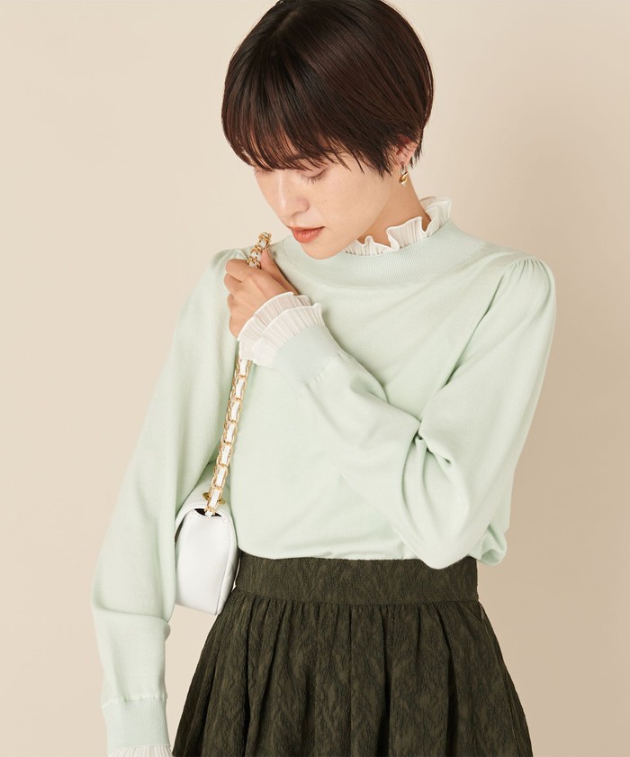 セール】《手洗い可能》シフォンプリーツ付きプルオーバーニット