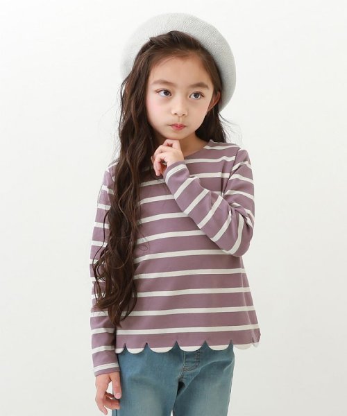 devirock(デビロック)/裾スカラップ 先染めボーダー  ストレッチ 長袖Tシャツ 子供服 キッズ ベビー 女の子 トップス 長袖Tシャツ ロンT /ラベンダー