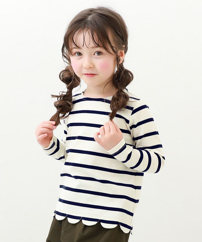 セール】裾スカラップ 先染めボーダー ストレッチ 長袖Tシャツ 子供服