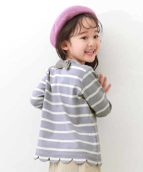 devirock(デビロック)/裾スカラップ 先染めボーダー  ストレッチ 長袖Tシャツ 子供服 キッズ ベビー 女の子 トップス 長袖Tシャツ ロンT /パープル