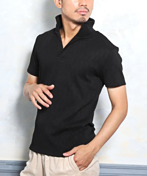 LUXSTYLE(ラグスタイル)/イタリアンカラーふくれバイアス半袖ポロシャツ/ポロシャツ 半袖 メンズ イタリアンカラー/ブラック