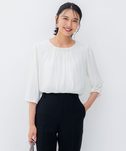 NIJYUSANKU（SMALL SIZE）(23区（小さいサイズ）)/【洗える】エアリーコンビジャージー パールモチーフ カットソー/ホワイト系