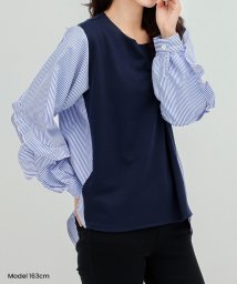 SEU(エスイイユウ)/異素材MIXボーダーシャツ トップス カットソー 切替トップス ブラウス 韓国ファッション 体型カバー/ネイビー