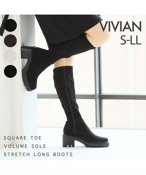 Vivian(ヴィヴィアン)/スクエアトゥ厚底ストレッチロングブーツ/ブラック系1
