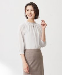 J.PRESS LADIES（LARGE SIZE）(J．プレス　レディス（大きいサイズ）)/シャドーストライプ スリットフリルネック カットソー/ライトグレー系