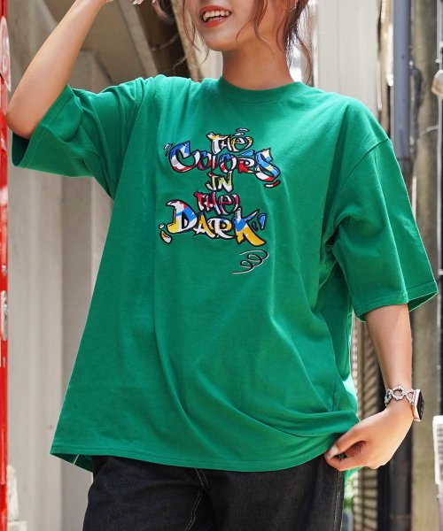 1111clothing(ワンフォークロージング)/オーバーサイズ Tシャツ メンズ ビッグTシャツ レディース ビッグシルエットTシャツ 半袖Tシャツ グラフィティ ロゴ ワッペン 刺繍 トップス 半袖/グリーン