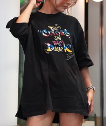 1111clothing(ワンフォークロージング)/オーバーサイズ Tシャツ メンズ ビッグTシャツ レディース ビッグシルエットTシャツ 半袖Tシャツ グラフィティ ロゴ ワッペン 刺繍 トップス 半袖/ブラック