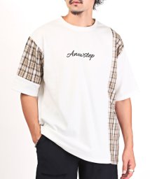 LUXSTYLE(ラグスタイル)/チェック切替半袖Tシャツ/Tシャツ メンズ レディース 半袖 チェック柄 切替 トップス カットソー ロゴ/ホワイト