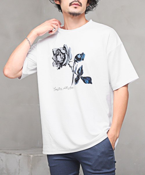 LUXSTYLE(ラグスタイル)/ルーズローズプリント半袖Tシャツ/Tシャツ メンズ 半袖 薔薇 プリント ローズ ビッグシルエット/ホワイト