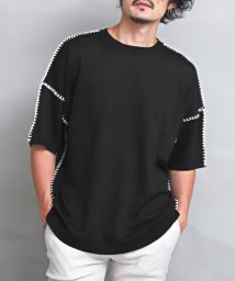 LUXSTYLE(ラグスタイル)/ハンドステッチクルーネック半袖ニット/ニット メンズ ニットソー 半袖 セーター ステッチ/ブラック