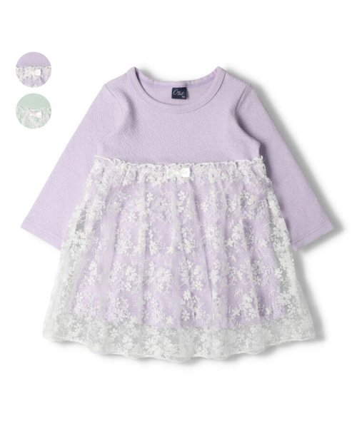 Crescent(クレセント)/【子供服】 crescent (クレセント) お花チュール切替長袖ワンピース 90cm～130cm N60308/ラベンダー