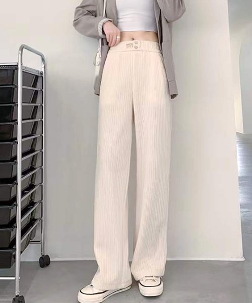 Dewlily(デューリリー)/コーデュロイワイドパンツ 韓国ファッション 10代 20代 30代 脚長効果 ハイウエスト ウエストゴム ゆったり シンプル 大人 きれいめ/ホワイト