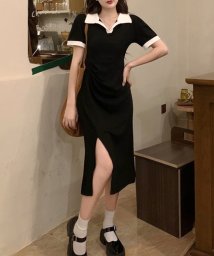 Dewlily/ポロシャツ風ワンピース 韓国ファッション 10代 20代 30代 サイドスリット 可愛い 半袖 ポロネック スポーティー カジュアル 大人 シンプル/505481834