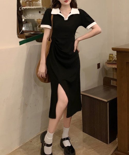 Dewlily(デューリリー)/ポロシャツ風ワンピース 韓国ファッション 10代 20代 30代 サイドスリット 可愛い 半袖 ポロネック スポーティー カジュアル 大人 シンプル/ブラック