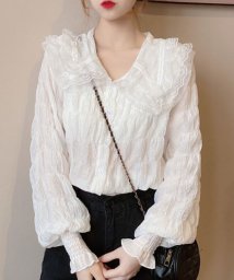 Dewlily(デューリリー)/フリルレースブラウス 韓国ファッション 10代 20代 30代 バックスタイル 大人 可愛い タックアウト おしゃれ シンプル 長袖 きれいめ/ホワイト
