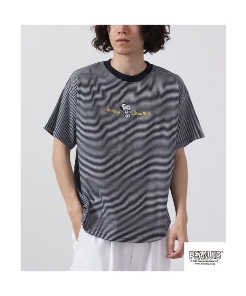  PEANUTS( ピーナッツ)/スヌーピー Tシャツ トップス 半袖 刺繍 ボーダー SNOOPY PEANUTS B－杢グレー  LL/ネイビー