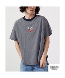  PEANUTS( ピーナッツ)/スヌーピー Tシャツ トップス 半袖 刺繍 ボーダー SNOOPY PEANUTS B－杢グレー  LL/ネイビー系1