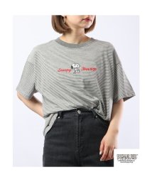  PEANUTS( ピーナッツ)/スヌーピー Tシャツ トップス 半袖 刺繍 ボーダー SNOOPY PEANUTS B－杢グレー  LL/チャコールグレー