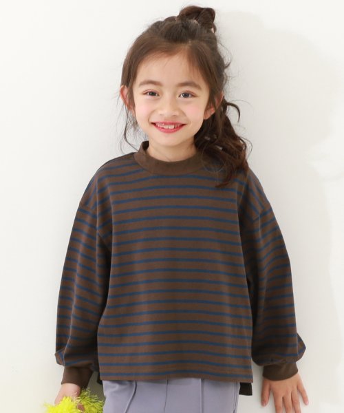 devirock(デビロック)/ガールズ ゆるっとボーダー 長袖Tシャツ 子供服 キッズ 女の子 トップス 長袖Tシャツ ロンT 綿100% 吸汗/ブラウン