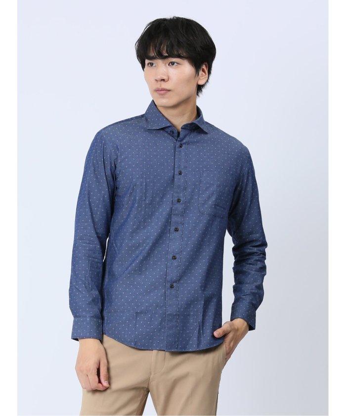 セール】綿ストレッチ カッタウェイ長袖 メンズ シャツ カジュアル