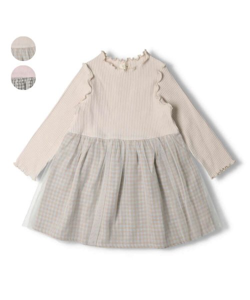 Kids Zoo(キッズズー)/【子供服】 kid´s zoo (キッズズー) チェックスカートチュール切替長袖ワンピース 80cm～130cm W60301/ライトグレー