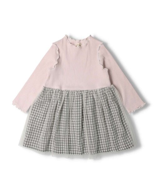 Kids Zoo(キッズズー)/【子供服】 kid´s zoo (キッズズー) チェックスカートチュール切替長袖ワンピース 80cm～130cm W60301/ライトピンク