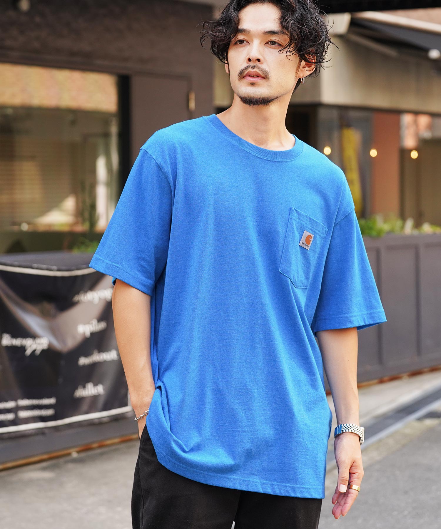 Carhartt ポケットTシャツ 長袖 ボタン ブルー ビッグサイズ