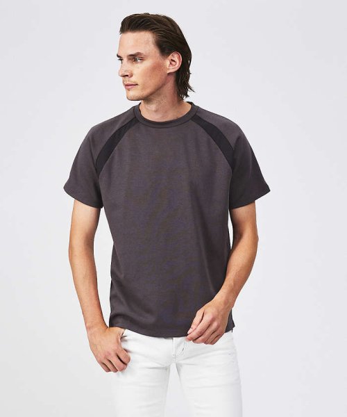 5351POURLESHOMMES(5351POURLESHOMMES)/異素材ラグライン 半袖Tシャツ/チャコールグレー