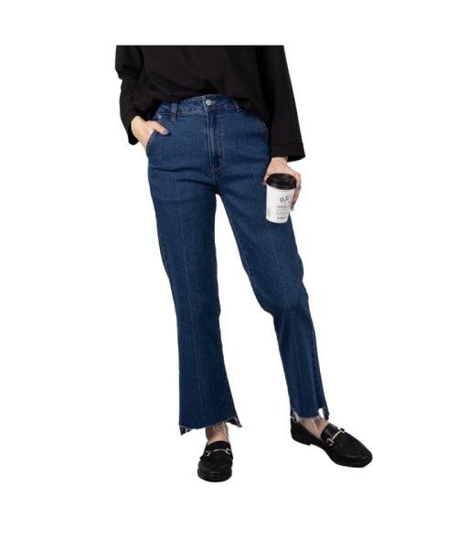 MAC HOUSE(women)(マックハウス（レディース）)/NAVY ネイビー GOOD STYLE JEANS 裾フリンジセミフレアパンツ 141323408/ワンウォッシュ